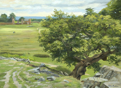 10 x 14 inch oil of an ancient oak tree in Bradgate Park, set on the right foreground of the painting, with rocks to its right and in the distance, Lady Jane Grey's ruined residence.