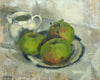 9.5 x 11.75 inch oil painting of green Bramley apples on a dish with a blue rim and inner, next to a ceramic jug top left of painting