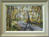  13 x 19 inch Pastel painting of the woodland above High Wray farm, with a stony path leading through, with bright Autumn coloured trees,many Silver Birches. The sun is glinting through trees in the mid right foreground. Shows the frame with an off-white inner edge, gradating through bige to a greyish outer edge.