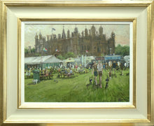 Load image into Gallery viewer, 12 x 16 inch oil painting, with Burghley House in the background and several stall holders and people milling about. Photo also shows the ivory/beige coloured scooped frame, with an off-white inner slip and inner and outer edges of main frame in gold.
