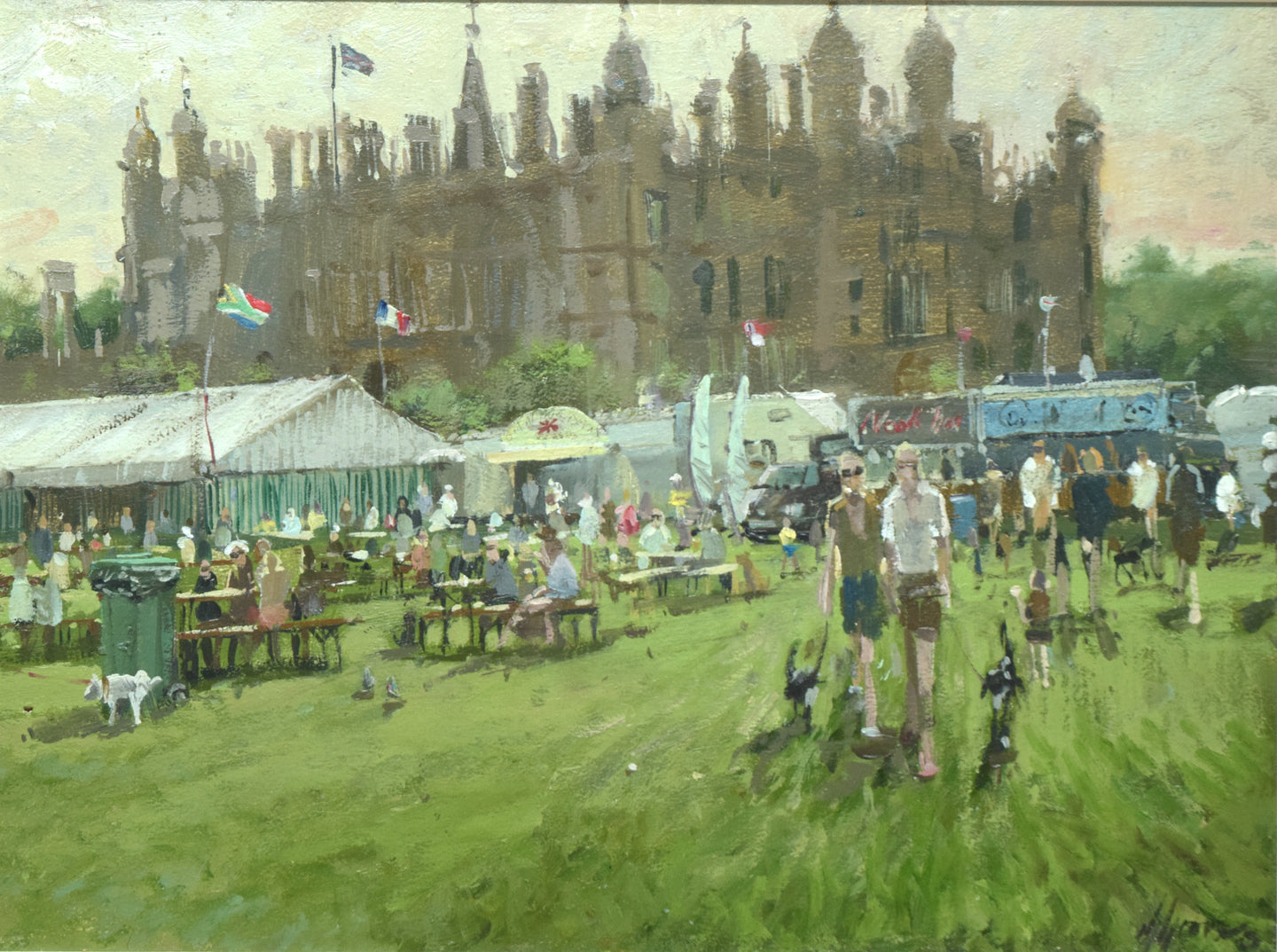 12 x 16 inch oil painting, with Burghley House in the background and several stall holders and people milling about