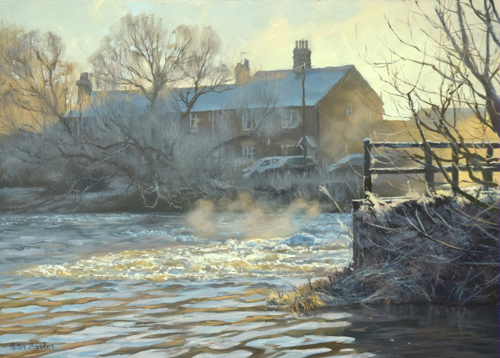 12 x 17 inch oil of the River Nene by Water Newton Mill, with the water crashing through the millrace, frost abounding, looking straight into the morning sun, with some cottages on the far bank, with old Willows set against them. Some water vapour scrubbed over the water for effect.