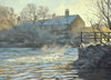 12 x 17 inch oil of the River Nene by Water Newton Mill, with the water crashing through the millrace, frost abounding, looking straight into the morning sun, with some cottages on the far bank, with old Willows set against them. Some water vapour scrubbed over the water for effect.