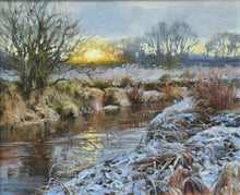 Load image into Gallery viewer, A bend in the River Welland at Duddington, with snow on the foreground bank and a fierce sun breaking on the skyline of distant trees, and a Hawthorn bush on the far riverbank on the left.
