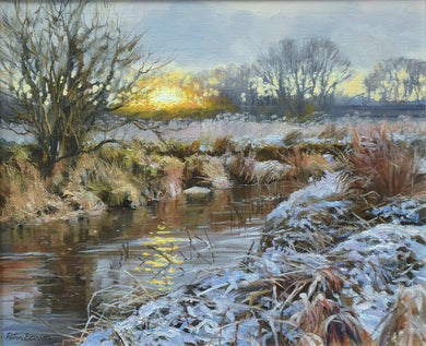 A bend in the River Welland at Duddington, with snow on the foreground bank and a fierce sun breaking on the skyline of distant trees, and a Hawthorn bush on the far riverbank on the left.