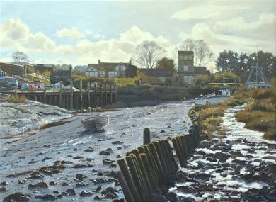 Large 22 x 30 inch oil painting of the inner harbour at Brancaster Staithe, looking into the afternoon sunlight, with the upright wooden pilings leading the eye to the lookout at the back.