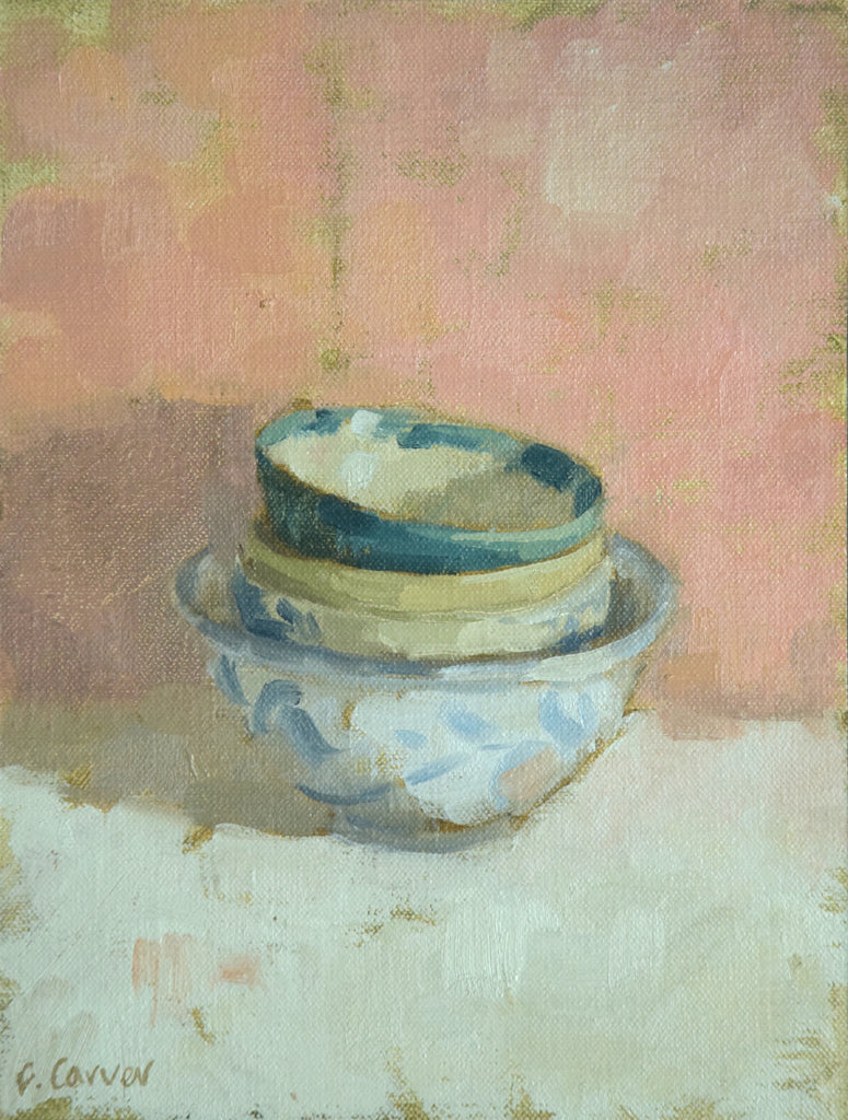 9.5 x 7 inch oil on linen board, with four round dishes stacked together, sitting on a white cloth with a pinkish/red backdrop. Painted with loose brushstrokes with much of the ochrey underpainting showing through.