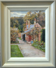 Load image into Gallery viewer, 12 x 9 portrait-shaped oil painting of a brick cottage with tall chimneys, at Clumber Park, with a path leading through the painting from the right foreground to the backdrop of trees. Also shows the frame with off-white inner edge, gradating to a grey/beige outer edge.
