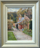 12 x 9 portrait-shaped oil painting of a brick cottage with tall chimneys, at Clumber Park, with a path leading through the painting from the right foreground to the backdrop of trees. Also shows the frame with off-white inner edge, gradating to a grey/beige outer edge.