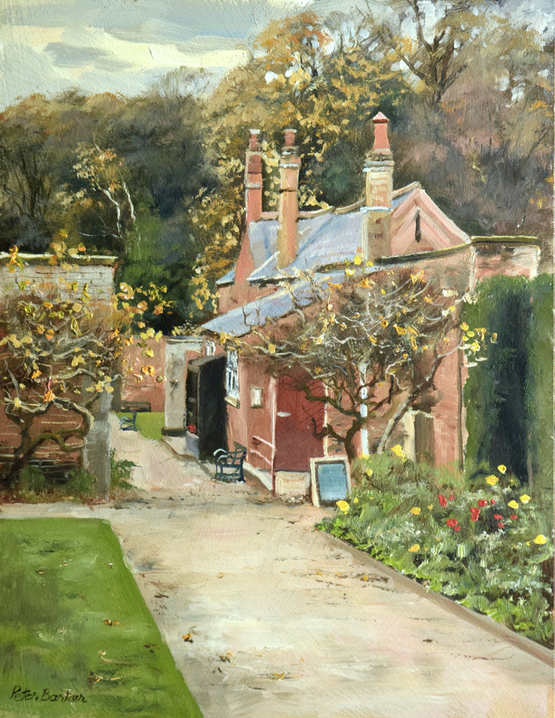 12 x 9 portrait-shaped oil painting of a brick cottage with tall chimneys, at Clumber Park, with a path leading through the painting from the right foreground to the backdrop of trees.