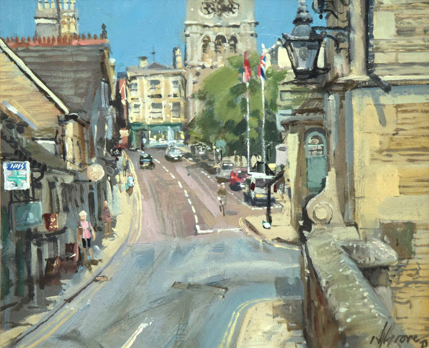 10 x 12 inch oil painting, painted from the town bridge, with the bridge wall in the right foreground, part of a stone building on right, looking up the hill with shops in shadow on the left, and the sunlit church at the top centre, against a clear, blue sky.