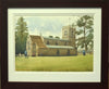 10 x 14 inch watercolour of Lyndon Church,with large trees left and right of the building, with a few figures amid the gravestones. Photo shows the narrow double ivory mount with a broad, dark-stained wood outer moulding.