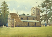 Load image into Gallery viewer, 10 x 14 inch watercolour of Lyndon Church,with large trees left and right of the building, with a few figures amid the gravestones.
