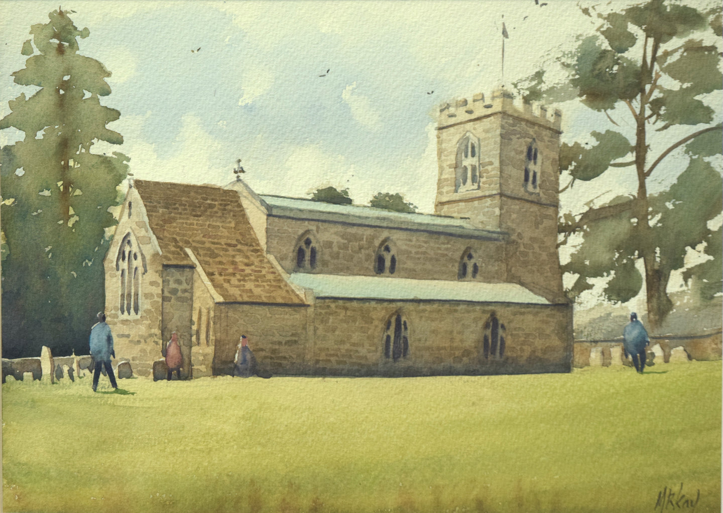 10 x 14 inch watercolour of Lyndon Church,with large trees left and right of the building, with a few figures amid the gravestones.