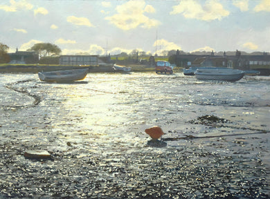 17 x 23 inch oil painting of various boats in the middle distance, moored on the hard surface of Brancaster Staithe harbour, looking directly into the sunlight on a bright Winter's day, with the mud and stones glistening in the intense light.