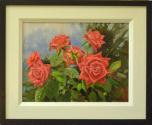 Load image into Gallery viewer, 9 x 12 inch oil of orange roses, growing wild with foliage and 6 blooms against a misty backdrop. Shows the wide cream border with a thinner black outer frame moulding.
