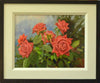 9 x 12 inch oil of orange roses, growing wild with foliage and 6 blooms against a misty backdrop. Shows the wide cream border with a thinner black outer frame moulding.