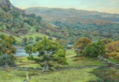 13 x 19 inch Pastel of Rydal Water, partly hidden by groups of trees, with a backdrop of tree-clad fells.