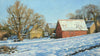 Panoramic-shaped oil painting of barns in the village after a fresh snowfall, with bright blue sky, snow on the ground and several trees, and a brick barn with a snow-topped roof. 