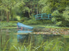 6 x 8 inch oil painting of a blue boat resting on the lake at Patchings Art centre, painted en plein air in June, so lots of greenery abounding