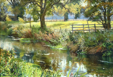 13 x 19 inch Pastel painting, depicting the river Welland calmly moving from right foreground to left midground, with vegetation in left foreground, several trees above far bank, with sheep grazing in the blue distance.