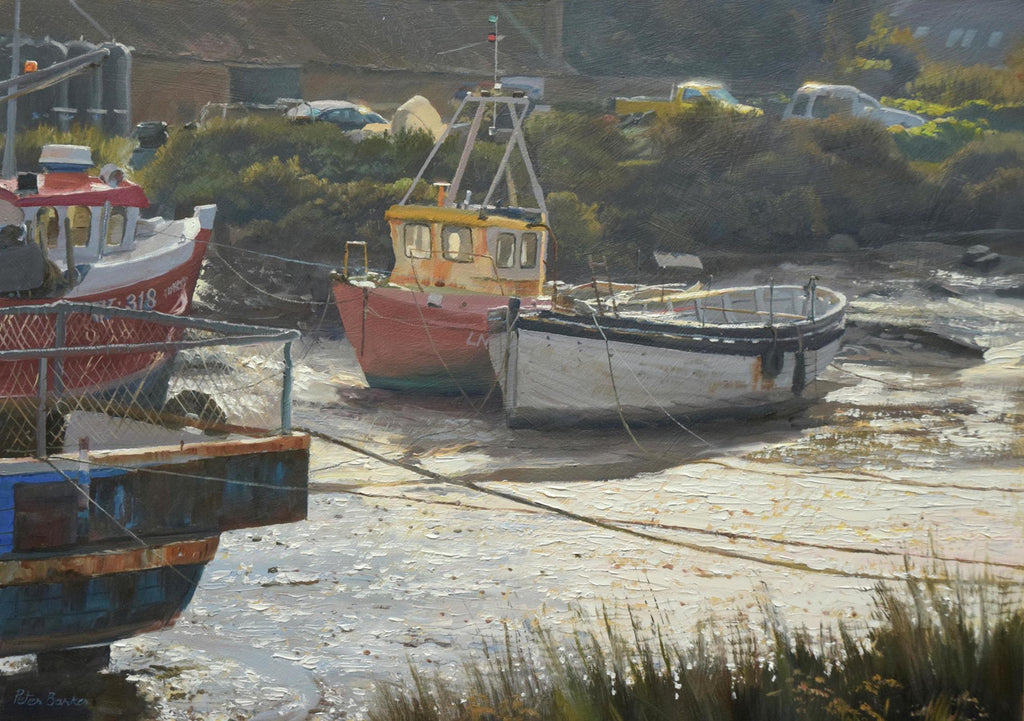 14 x 20 inch oil painting of as the title says, working boats moored on the glistening mud, looking into the sunlight, with ropes in all directions.