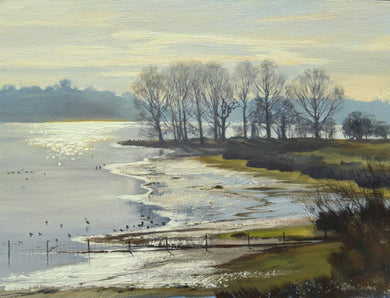 Oil painting of North Shore of Rutland Water, looking into the winter sunlight, by Peter Barker, painting size 9 x 12 ins