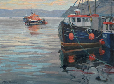 Oil painting by Peter Barker of boats on water