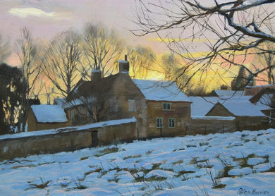 Small oil painting by Peter Barker of sunset over cottages on Church Lane in South Luffenham above a snow-covered field